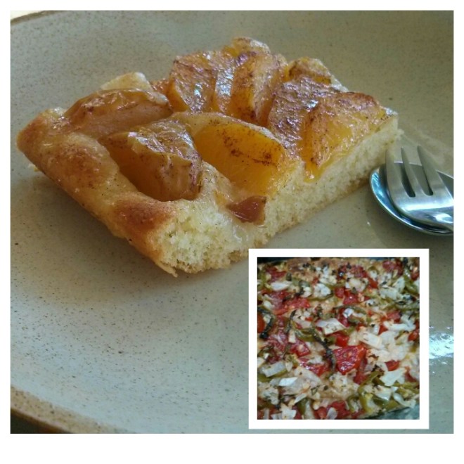 Coca de manzana y nectarinas con canela y una delicia salada de verduras frescas para el desayuno en el Hotel Sol de Benicarló.