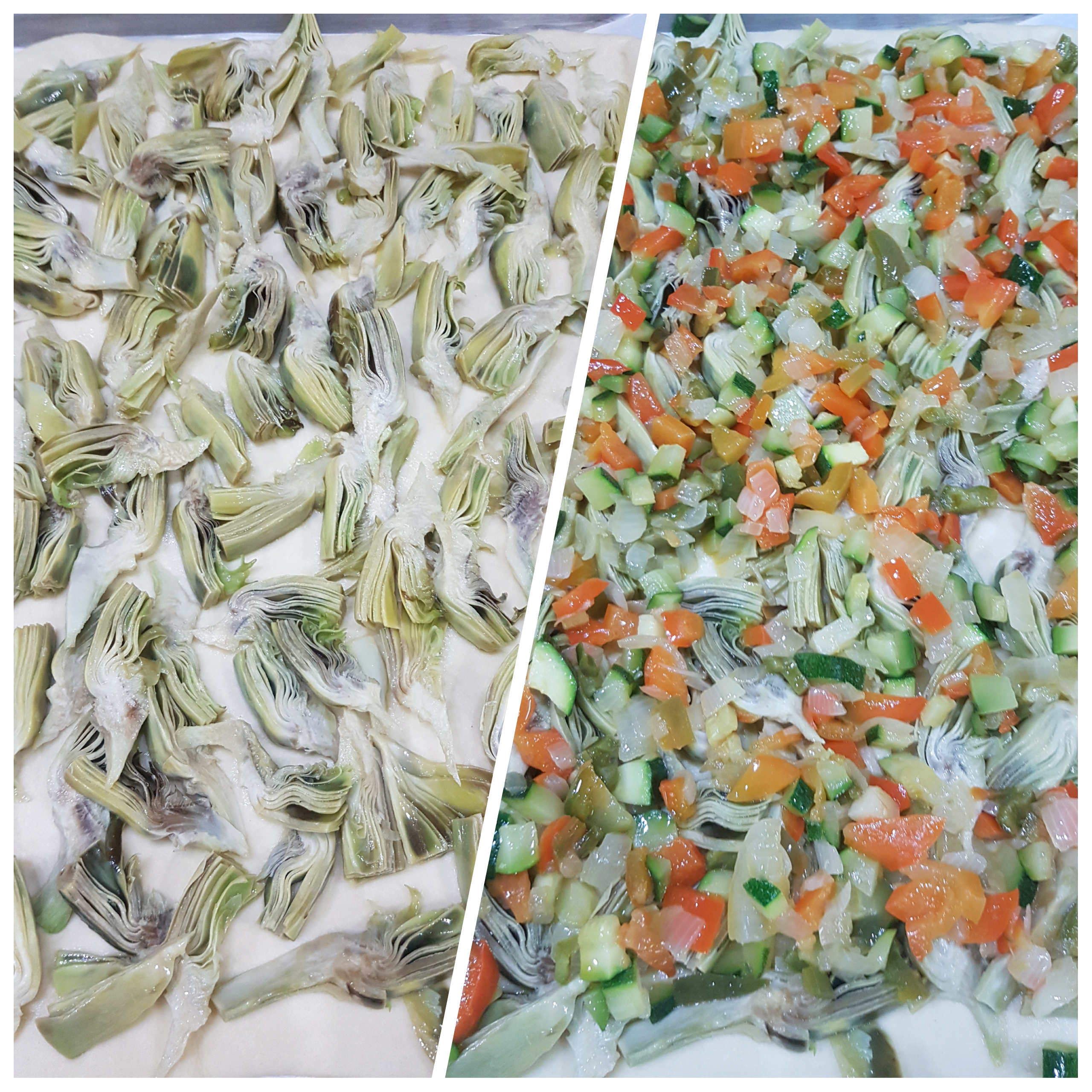 Coca de alcachofas y verduras